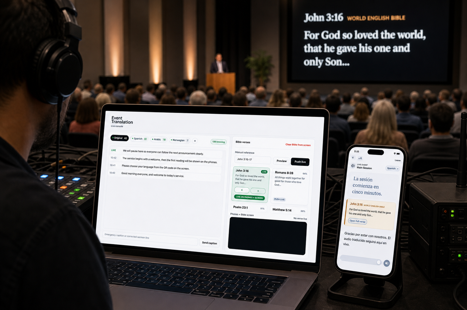 A church tech booth running live translation during a service.
