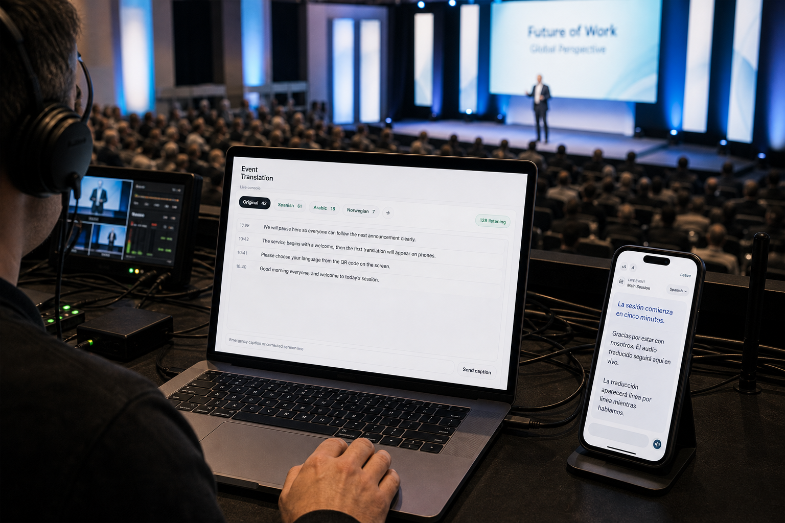 A conference keynote with live language access in the room.