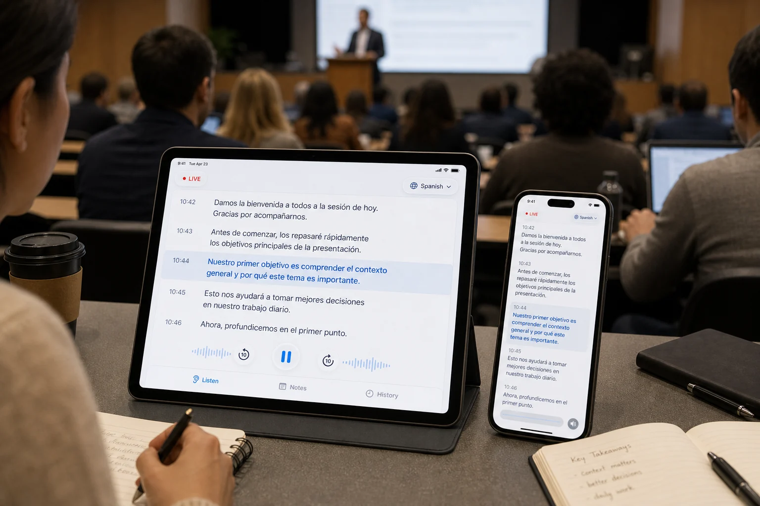 A student's phone showing a live transcript of the lesson while the speaker presents.