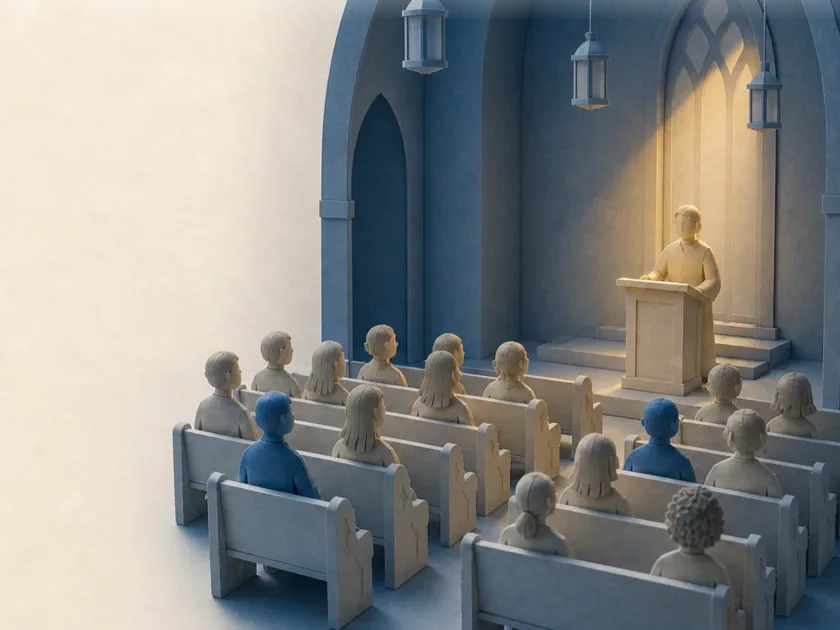 Paper-cut church interior with a speaker at the pulpit and rows of listeners.